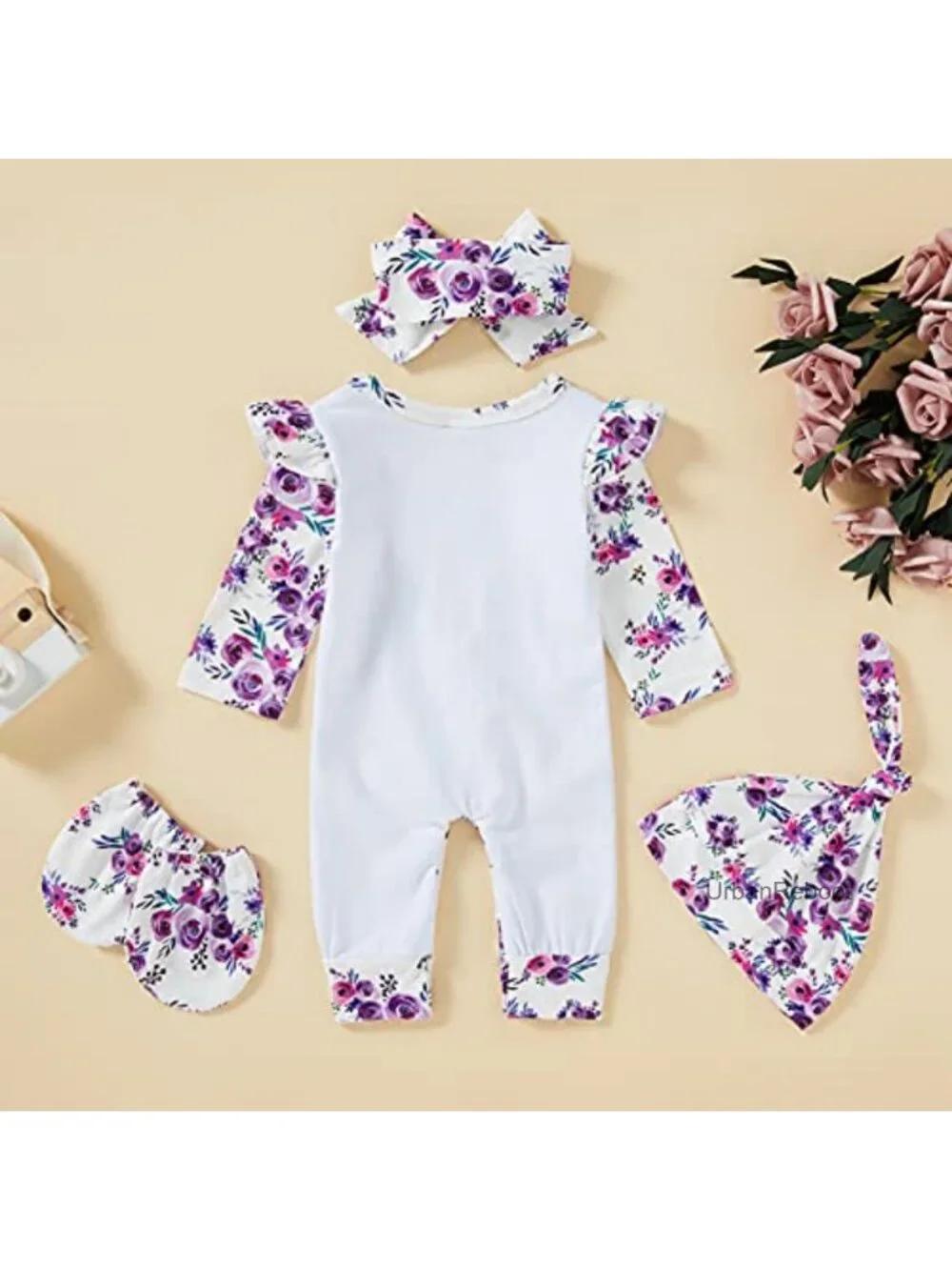 Newborn Baby Girl Romper Set Floral Long Sleeve Cotton Blend Jumpsuit with Hat